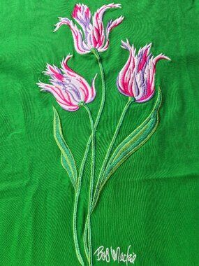 Bob Mackie Wearable Art Green Top With White and Pink Tulips Size 1X